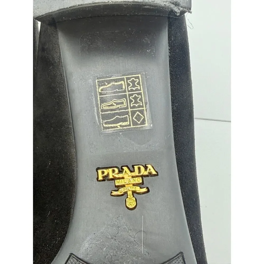 Prada Square Toe Pumps Black Suede Size 39.5 / 9.5 Metal Buckle Logo